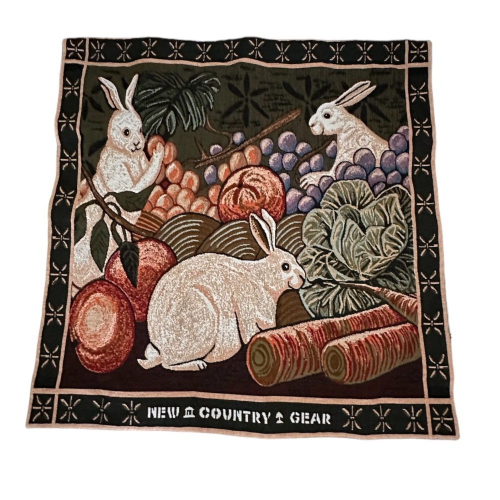 Vintage French European Bunnies Rabbits Wall Hanging Jacquard Tapestry 25”x26”